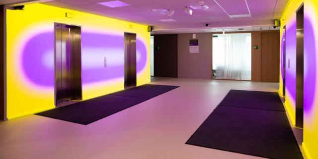 Ett konstverk bestående av två videoprojektioner med abstrakta färghändelser projiceras på motsatta väggar i hisshallen på Utbildningsstyrelsens verksamhetslokaler.